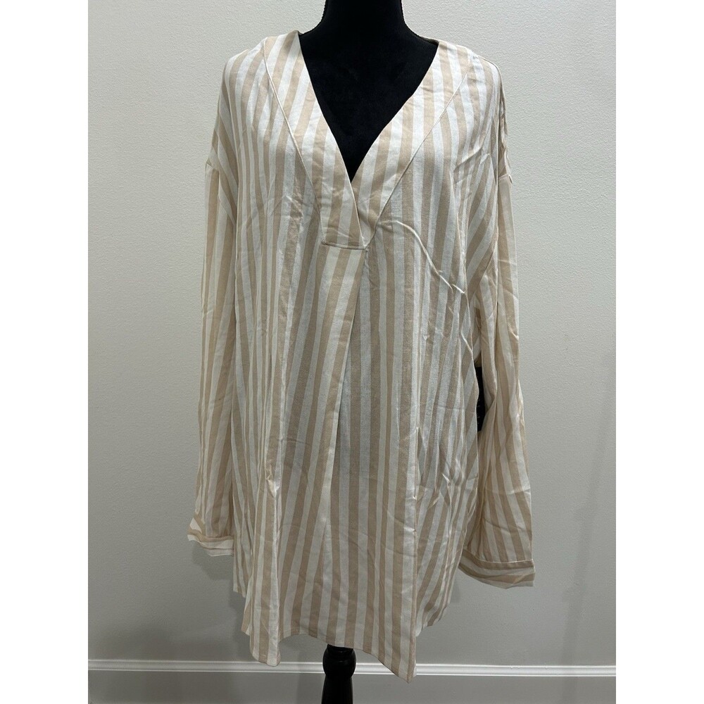 Romans Womens Plus Sz 26W Top NWT Long Sleeve Roll Tab Linen Blend White/Tan